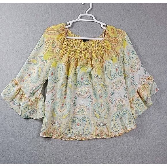 Zac & Rachel Yellow Paisley Bell Sleeve Semi Sheer Boho Blouse Women's Plus 1X - Picture 1 of 12
